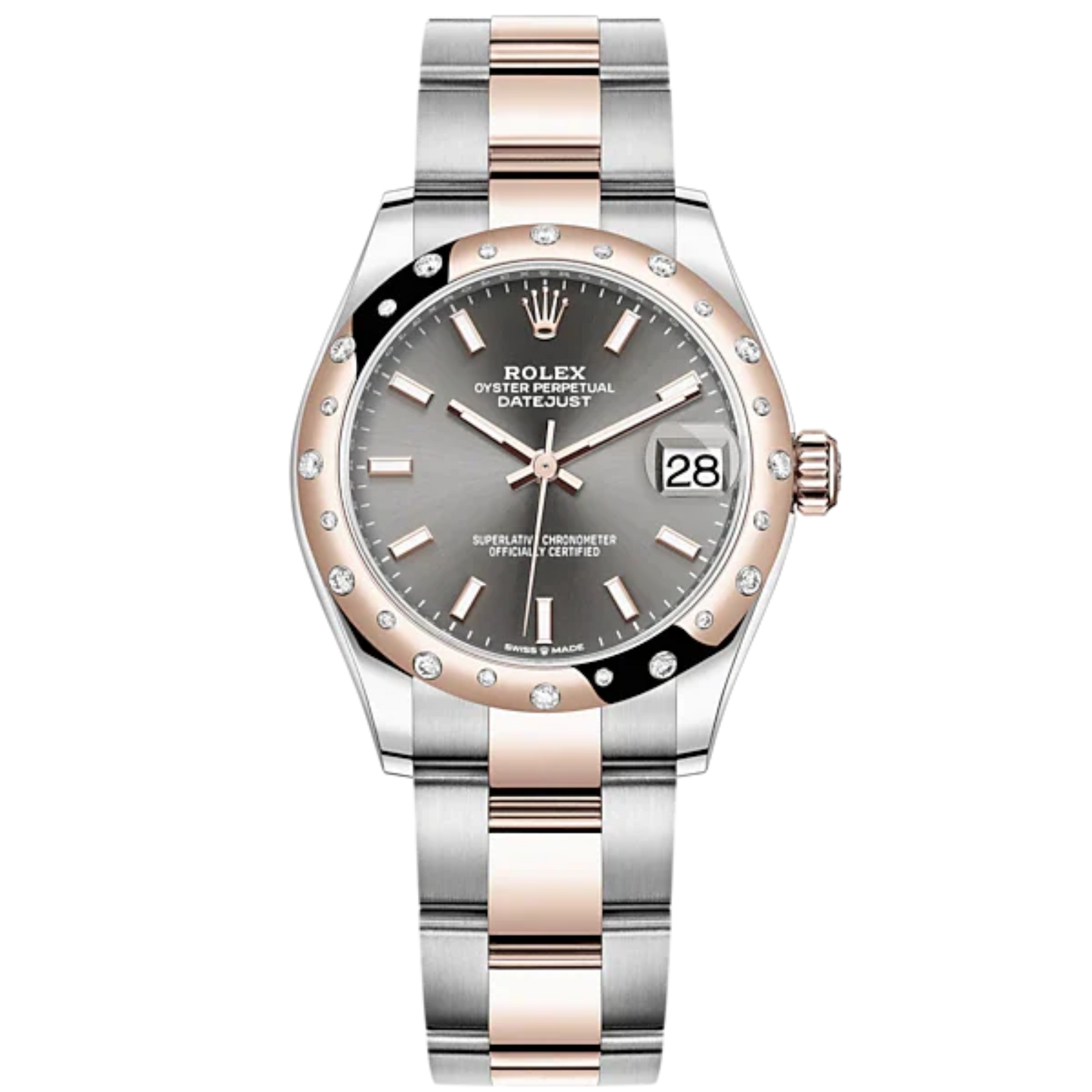 Rolex Datejust Ref. 278341RBR Two-Tone Rose Gold Grey Stick Dial on Oyster with Diamond Bezel