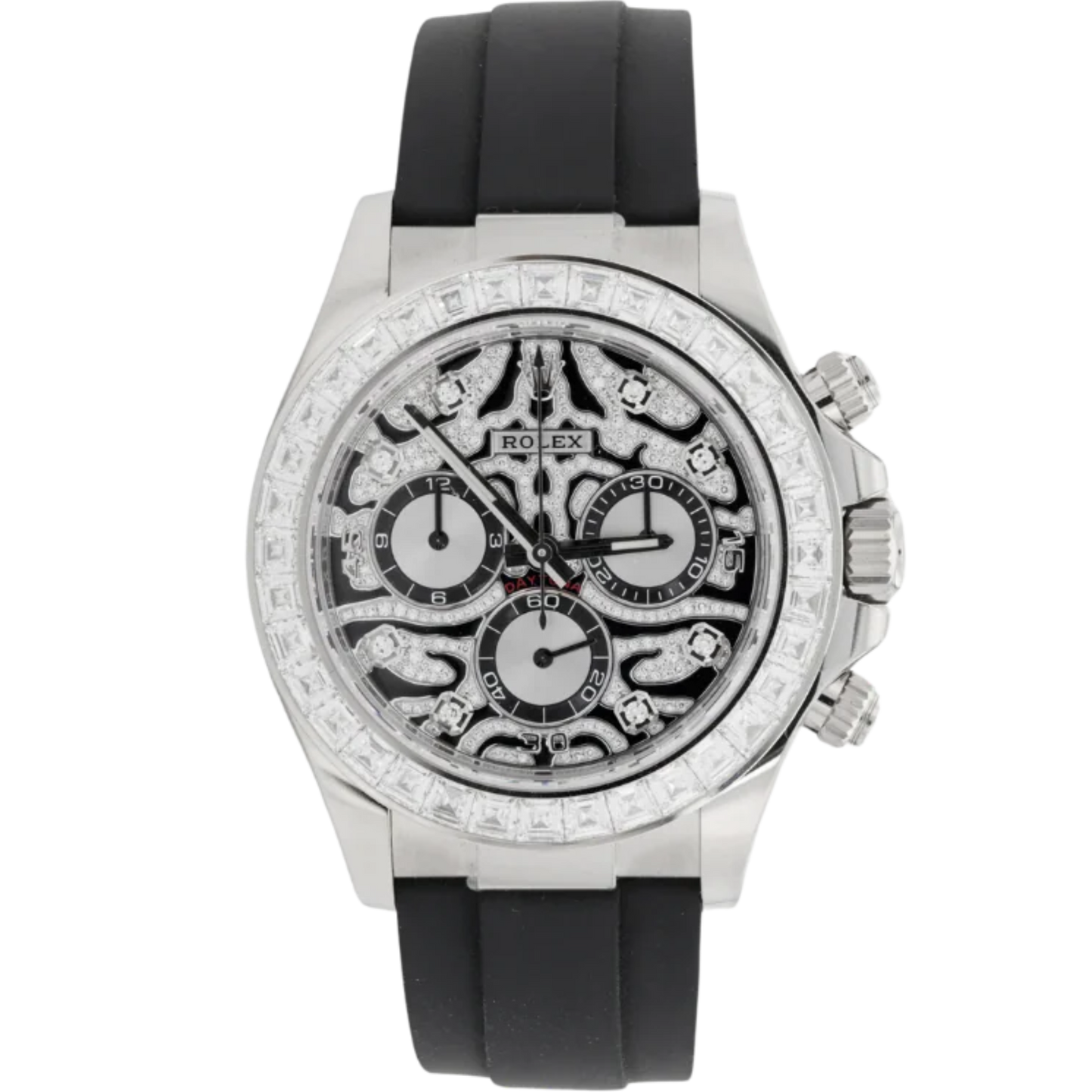 Rolex Daytona Eye of The Tiger Ref. 116589TBR White Gold Pave Dial/Baguette Bezel on Oysterflex