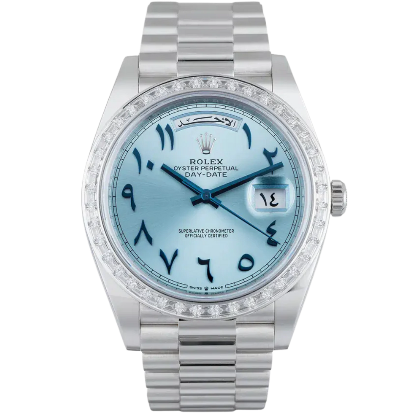 Rolex Day Date Ref. 228396TBR Platinum Baguette Bezel Blue Arabic Dial