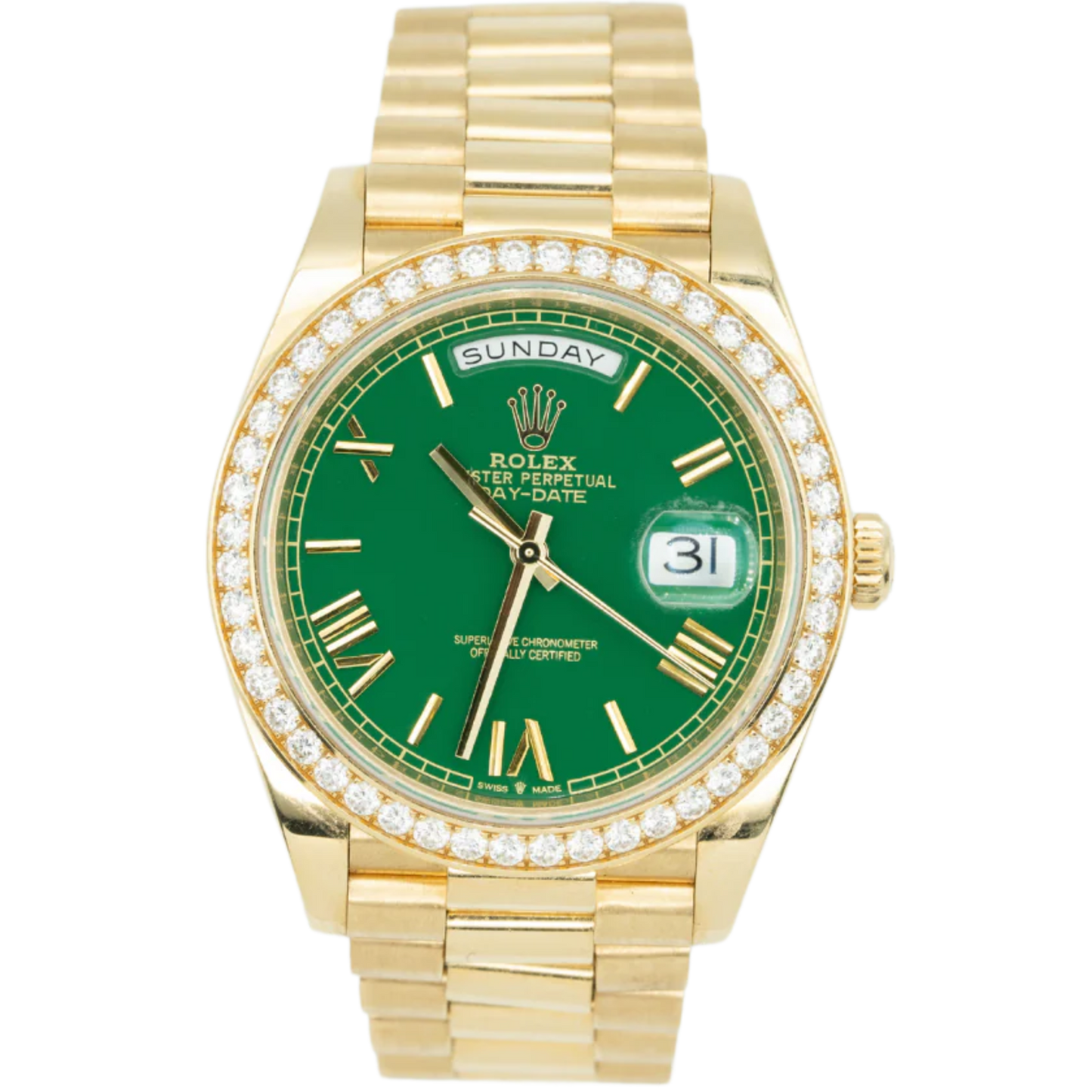 Rolex Day Date Ref. 228348RBR 40MM Yellow Gold White Roman Dial with Diamond Bezel (CONVERTED TO AM GREEN DIAL)