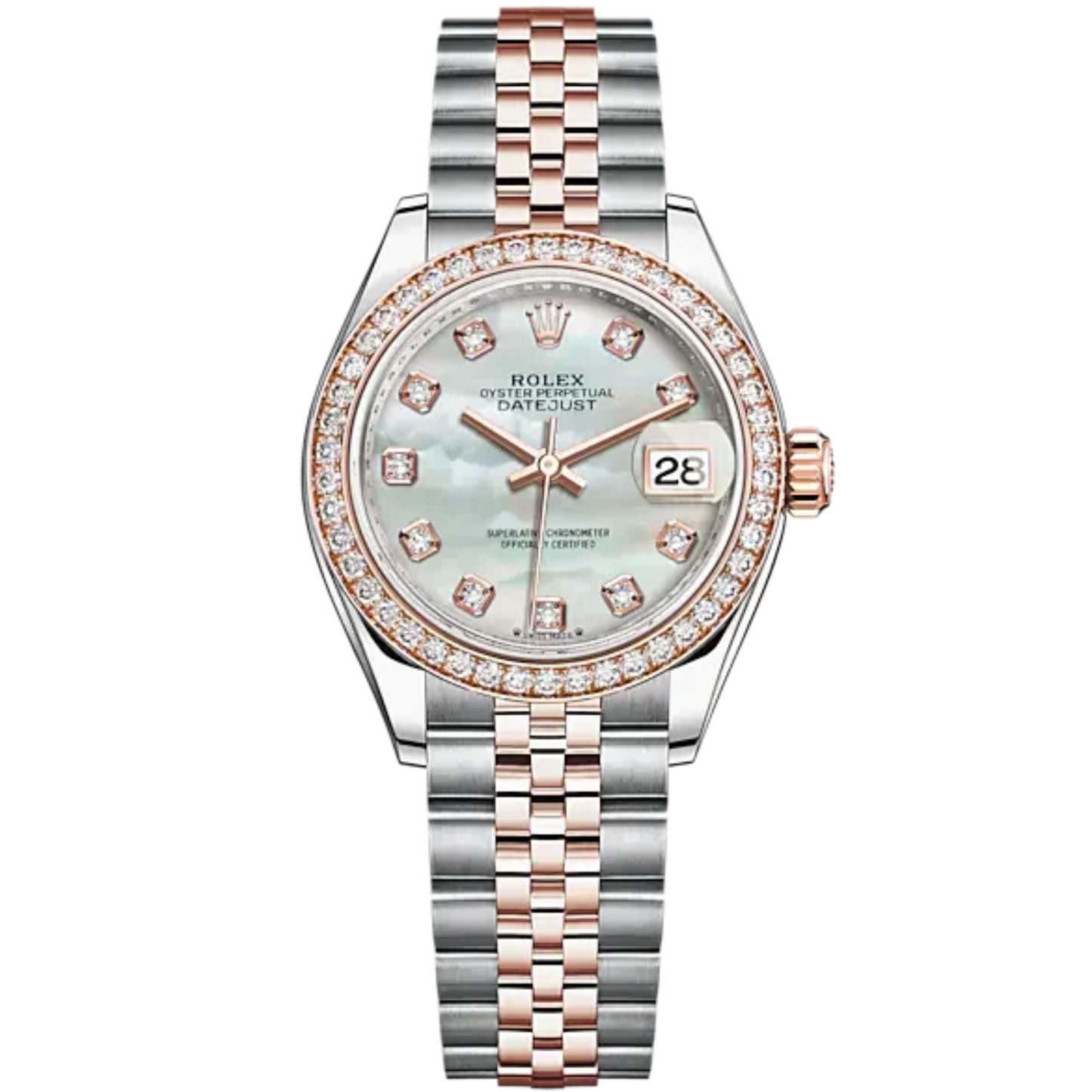 Rolex Datejust Ref. 279381RBR 28mm RG/SS Two Tone MOP Diamond Markers/Diamond Bezel on Jubilee