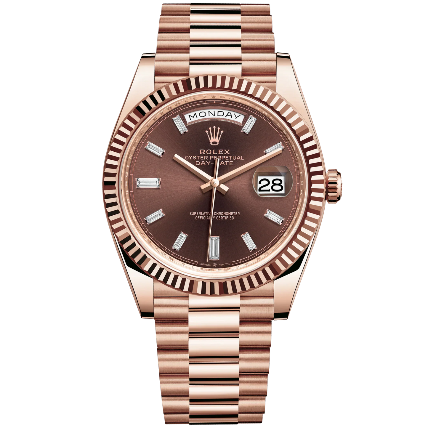 Rolex Day Date Ref. 228235 40MM Rose Gold Chocolate Dial with Baguette Markers