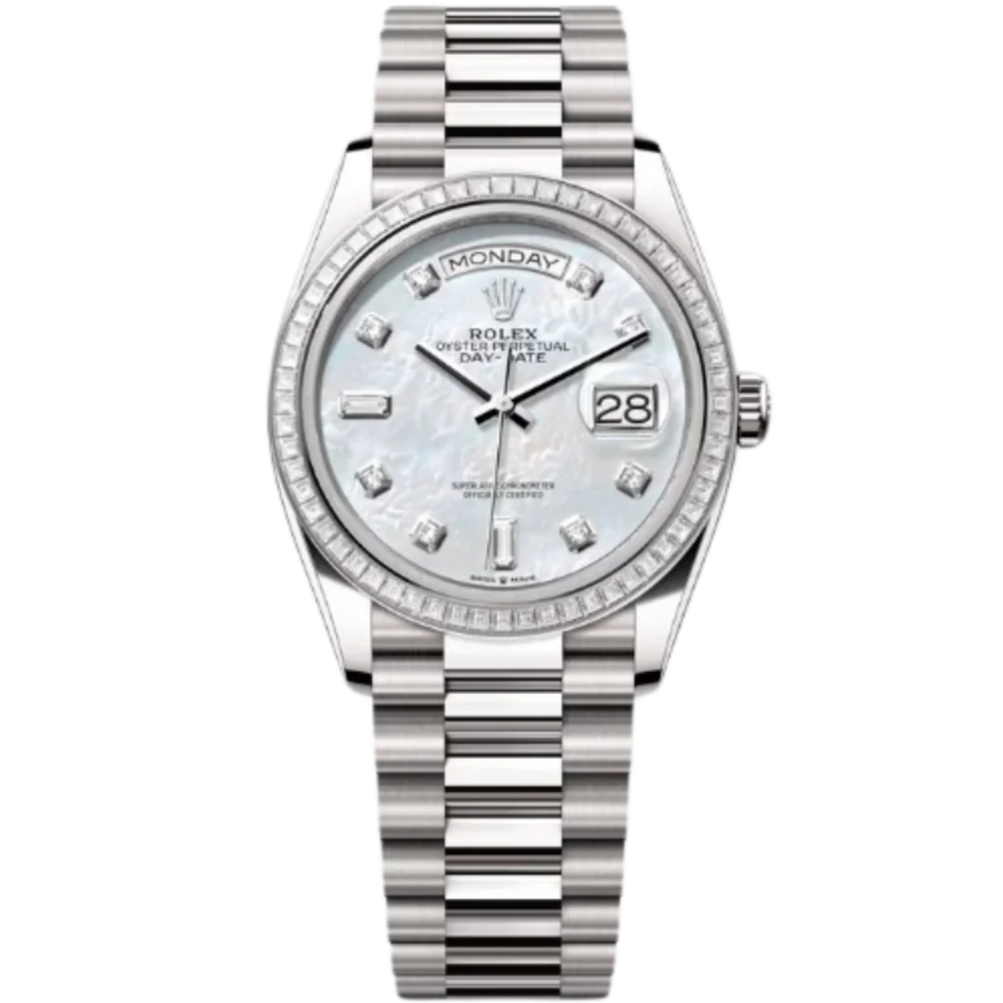 Rolex Day-Date Ref. 128399TBR 36MM White Gold Case Mother of Pearl Dial with Diamonds and Diamond Set Bezel