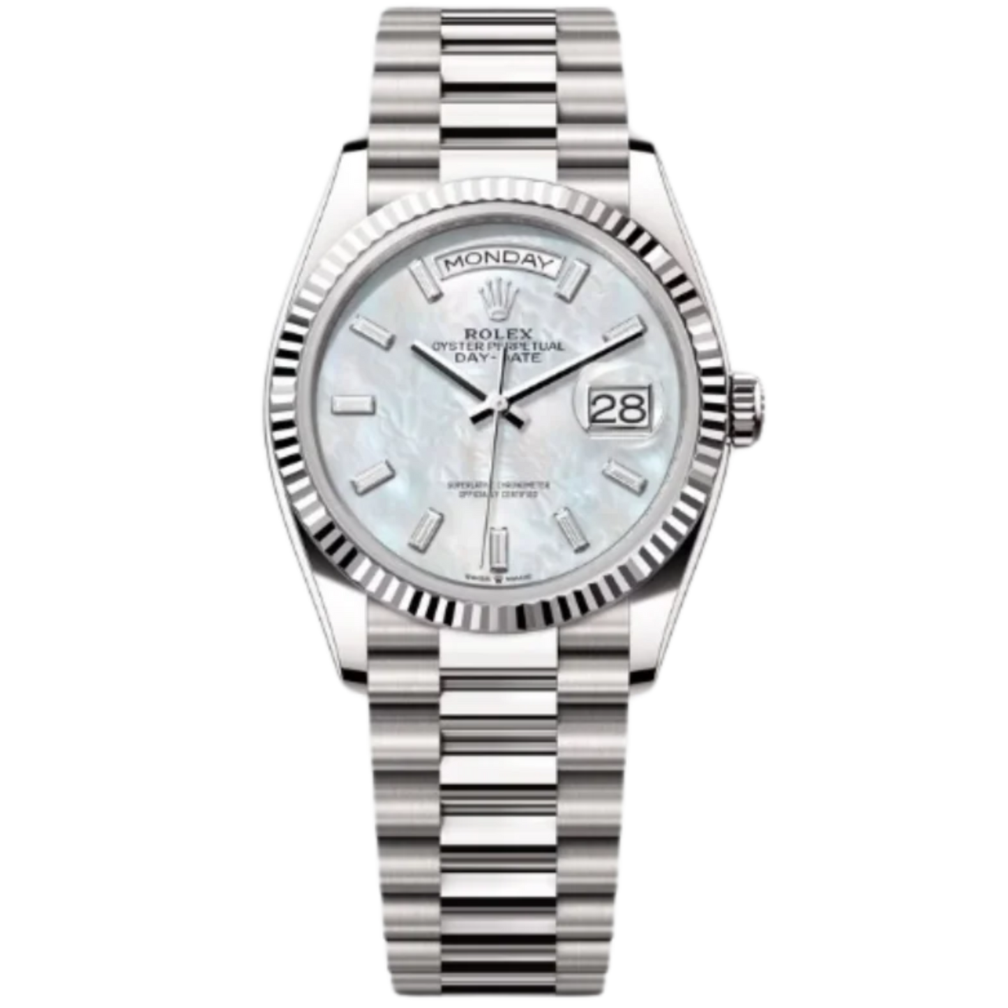 Rolex Day-Date Ref. 128239 36MM White Gold Case Mother of Pearl Dial with Baguette Diamonds and Diamond Set Links