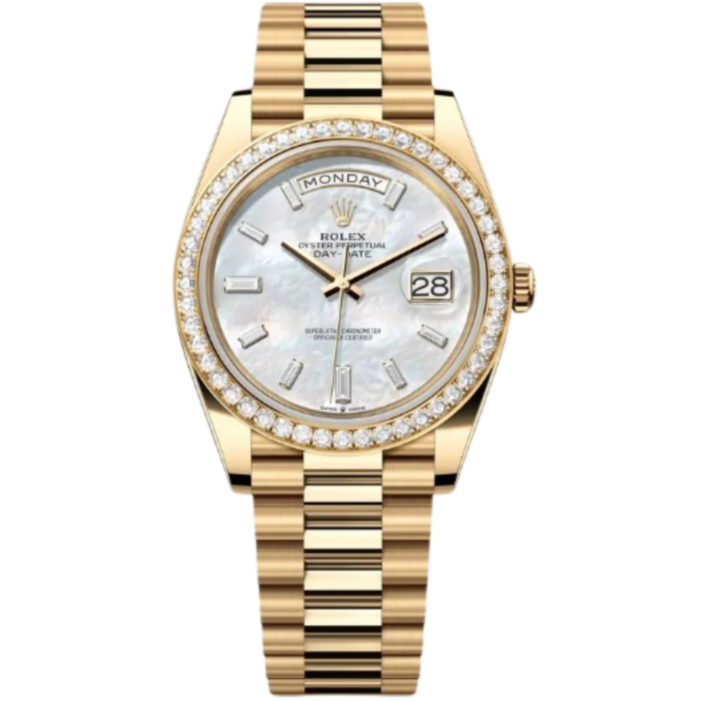 Rolex Day-Date Ref. 228348TRB 40MM Yellow Gold Case Mother of Pearl Dial with Baguette Diamonds and Diamond Set Bezel