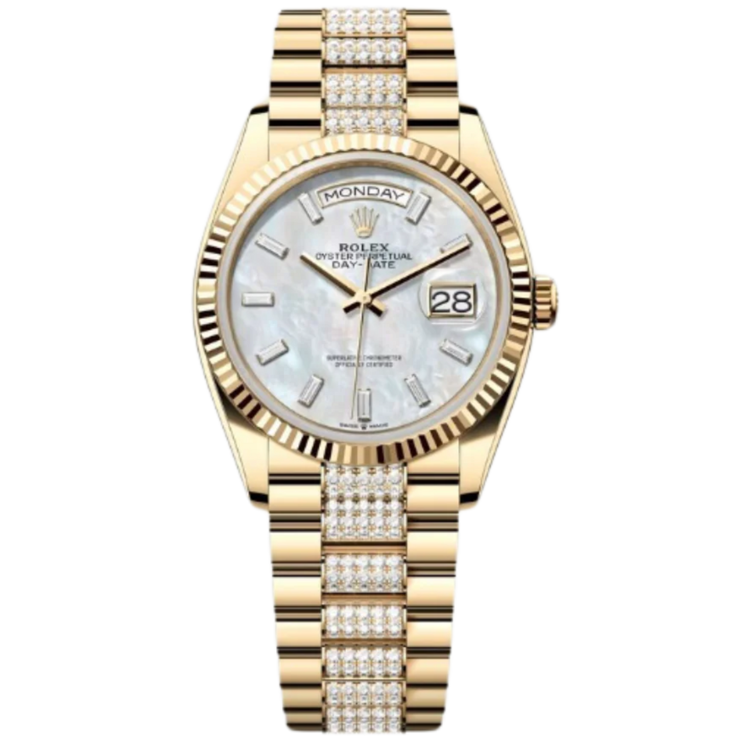 Rolex Day-Date Ref. 128238 36MM Yellow Gold Case Mother of Pearl Dial with Baguette Diamond Set and Links