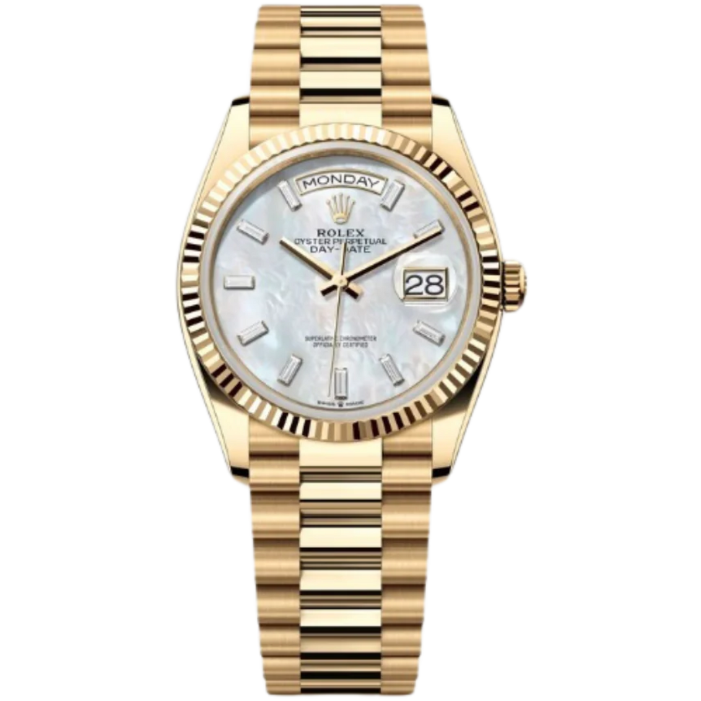 Rolex Day-Date Ref. 128238 36MM Yellow Gold Case Mother of Pearl Dial Baguette Diamonds