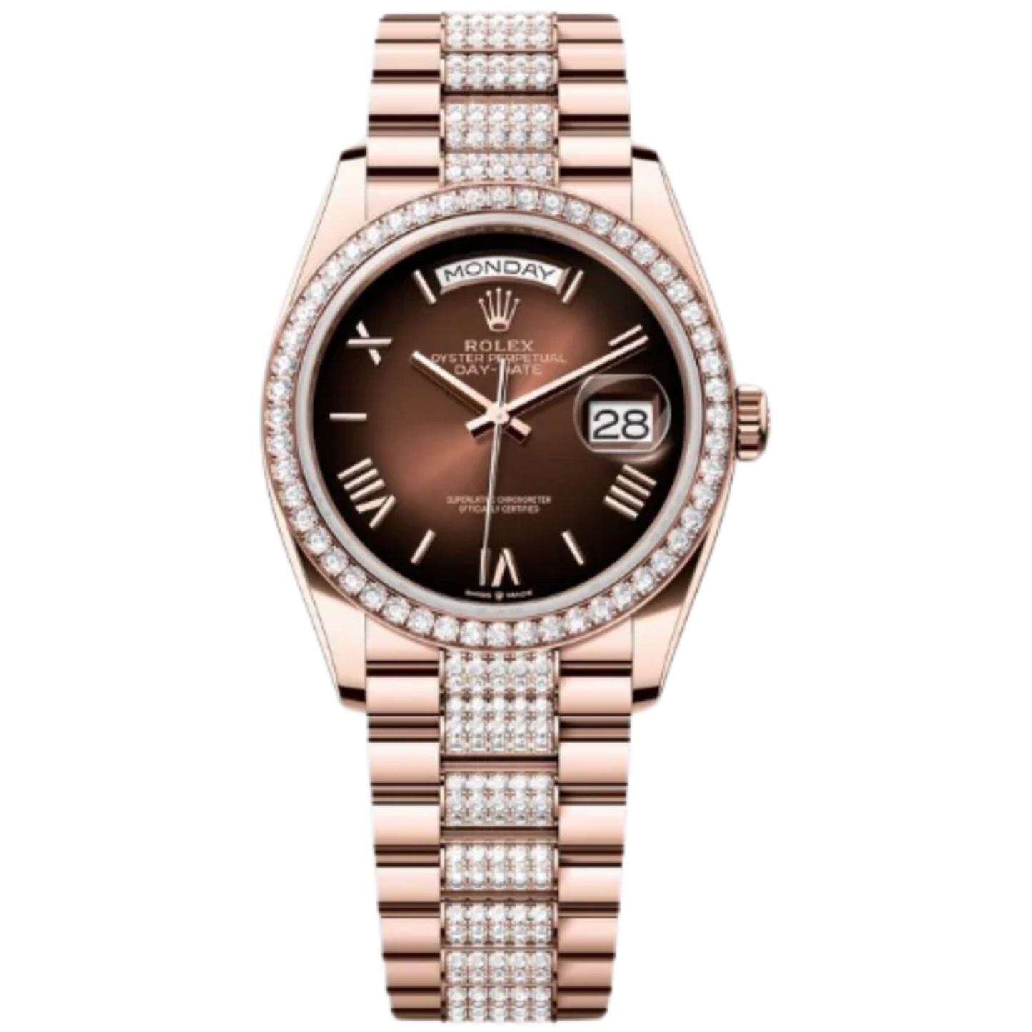 Rolex Day-Date Ref. 128345RBR 36MM Everose Gold Case Ombré Brown Dial Diamond Set Bezel and Links
