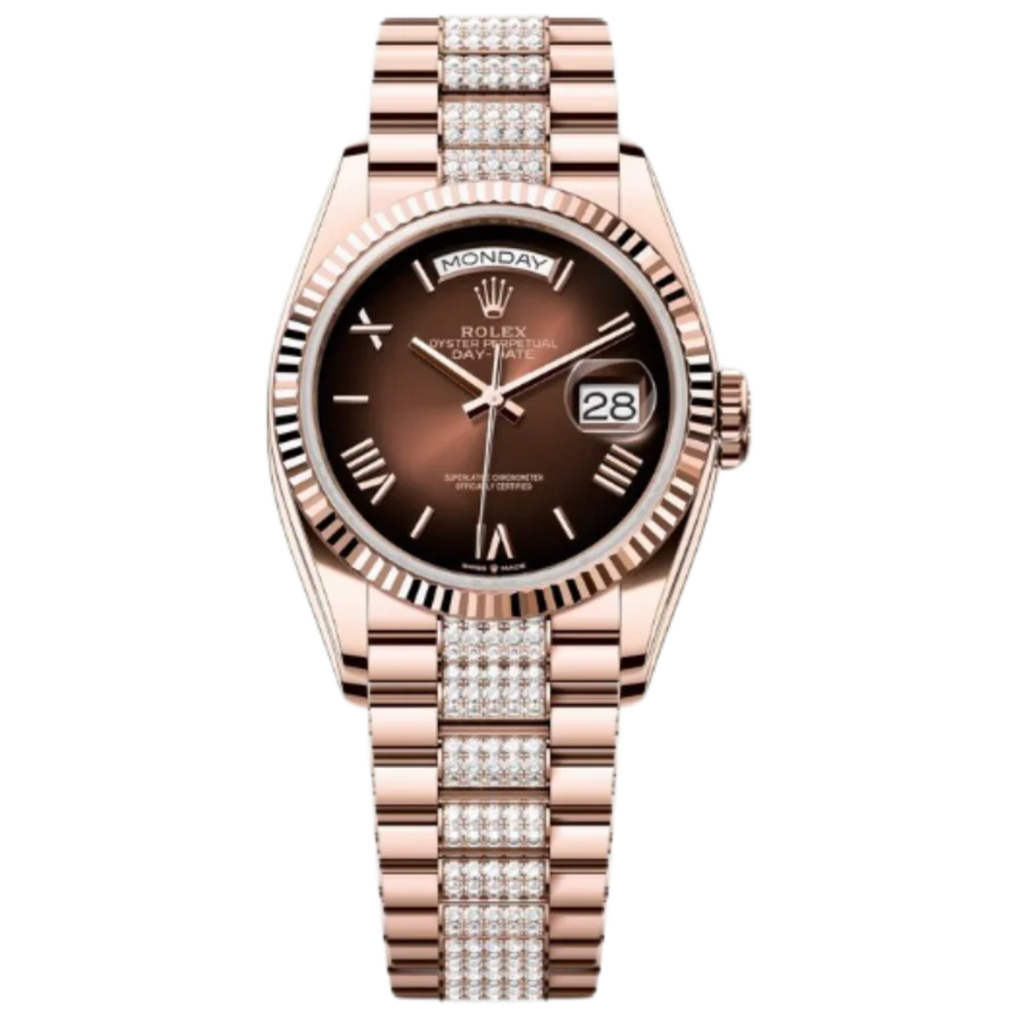 Rolex Day-Date Ref. 128235 36MM Everose Gold Case Ombré Brown Dial Diamond Set Links