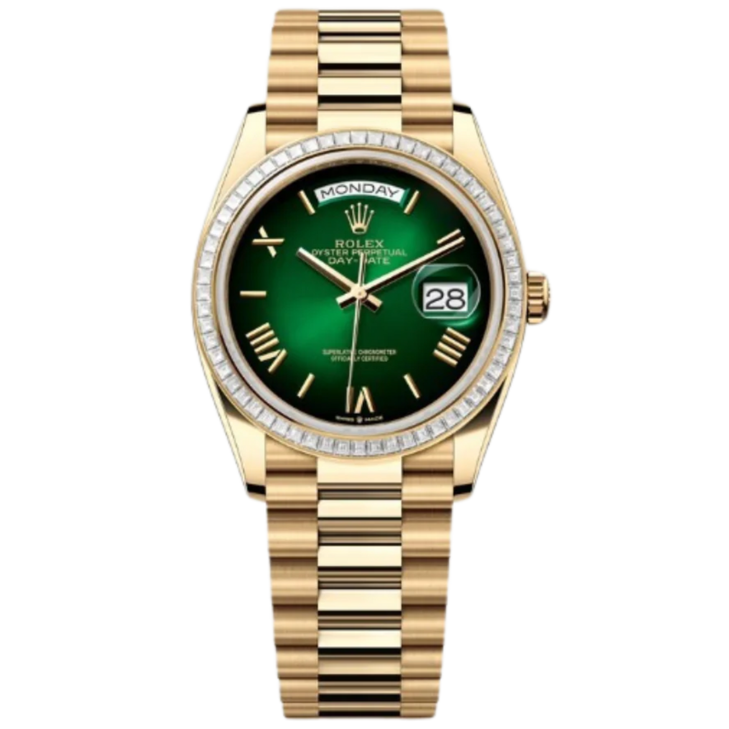 Rolex Day-Date Ref. 128398TBR 36MM Yellow Gold Case Ombré Green Dial Diamond Set Bezel