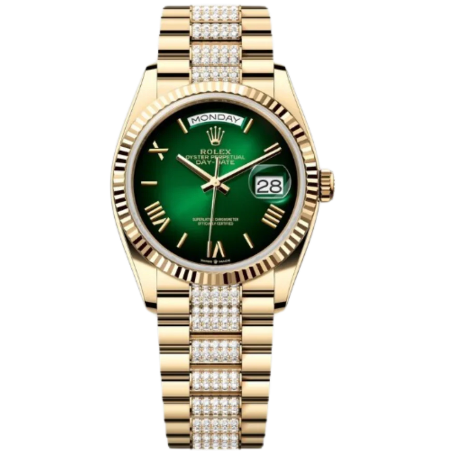 Rolex Day-Date Ref. 128238 36MM Yellow Gold Case Ombré Green Dial Diamond Set Links