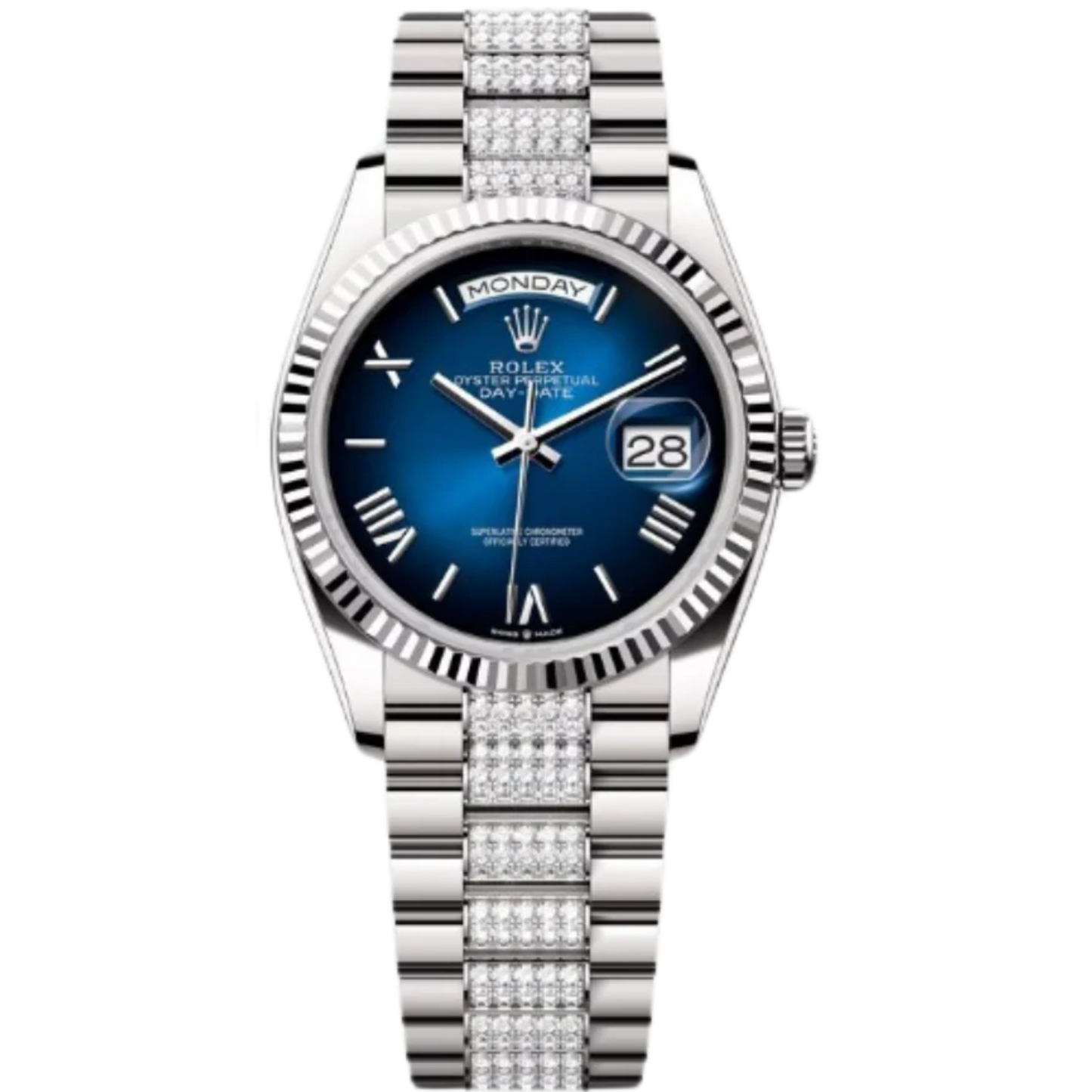 Rolex Day-Date Ref. 128239 36MM White Gold Case Ombré Blue Dial Diamond Set Links