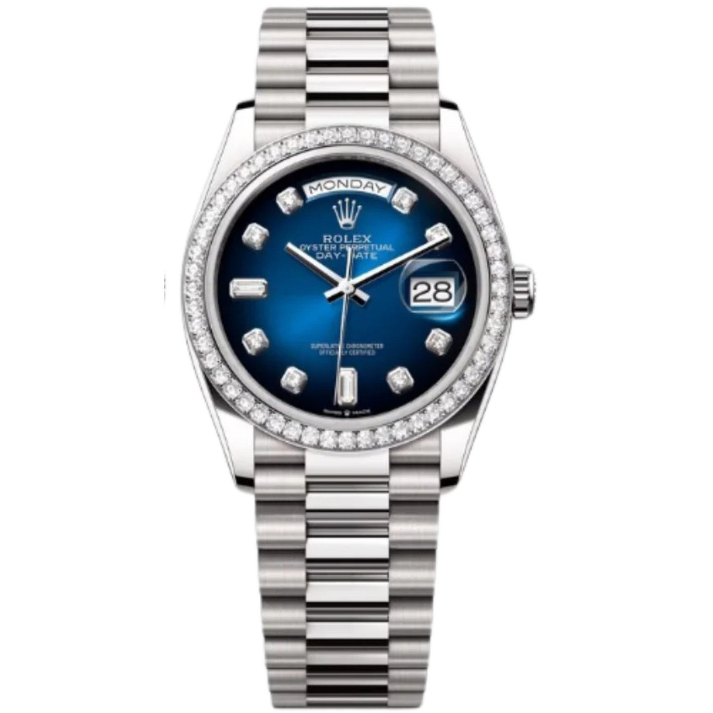 Rolex Day-Date Ref. 128349RBR 36MM White Gold Case Ombré Blue Dial Diamond Bezel and Markers