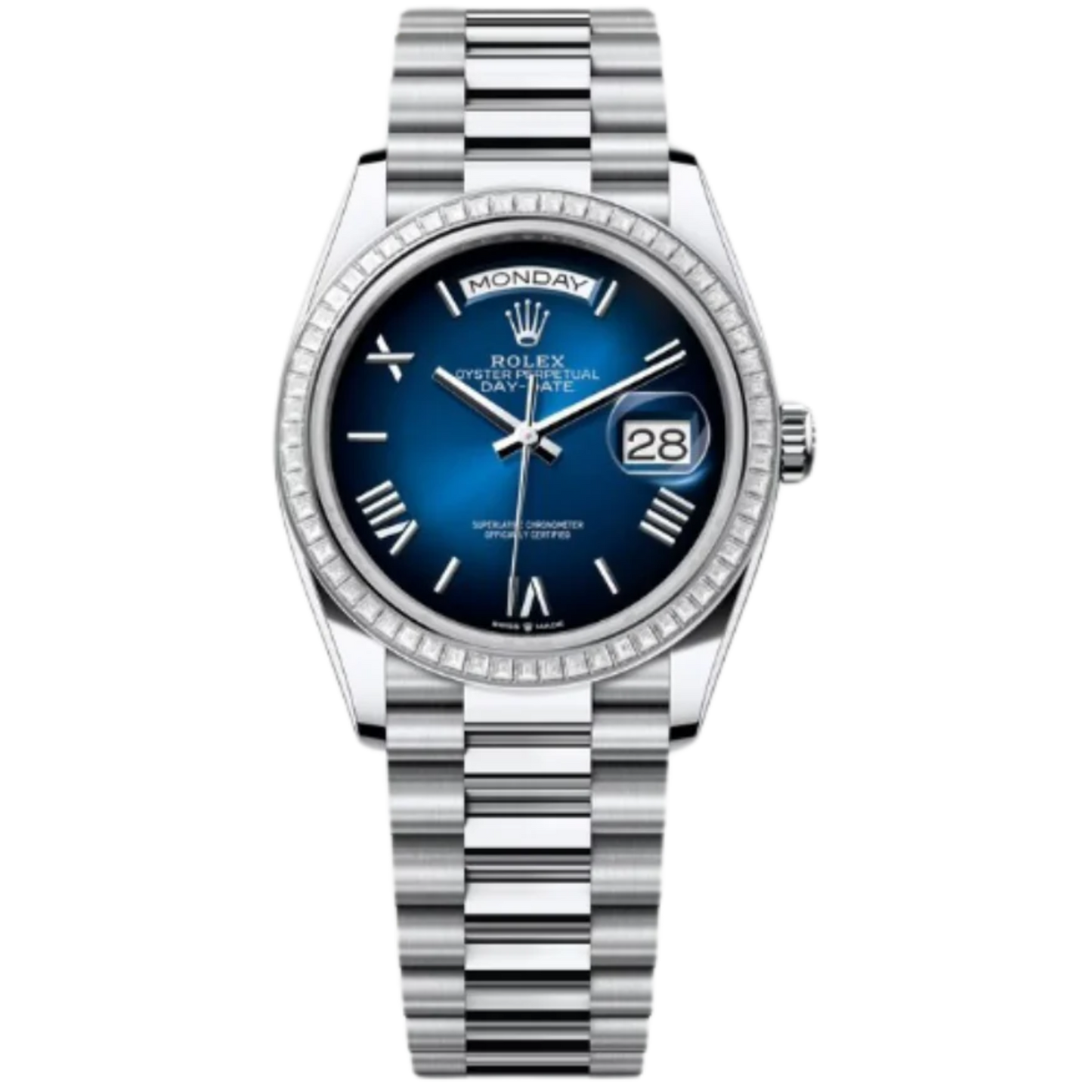 Rolex Day-Date Ref. 128396TBR 36MM Platinum Ombré Blue Dial Diamond Set Bezel