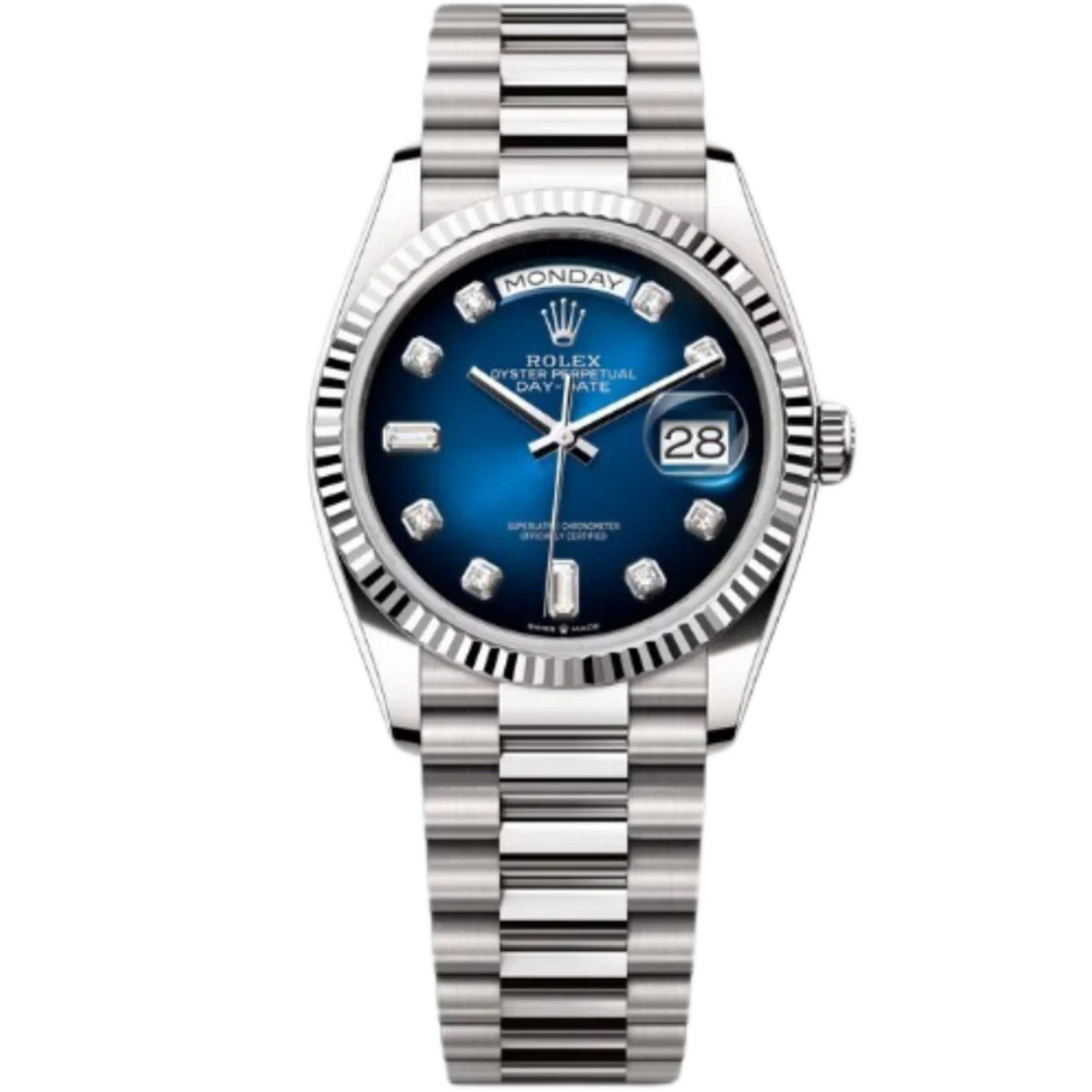 Rolex Day-Date Ref. 128239 36MM White Gold Case Ombré Blue Dial Diamond Markers