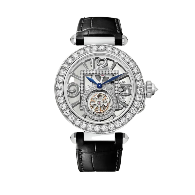 PASHA DE CARTIER TOURBILLION SKELETON 41 MM RHODIUMIZED 18K WHITE GOLD
