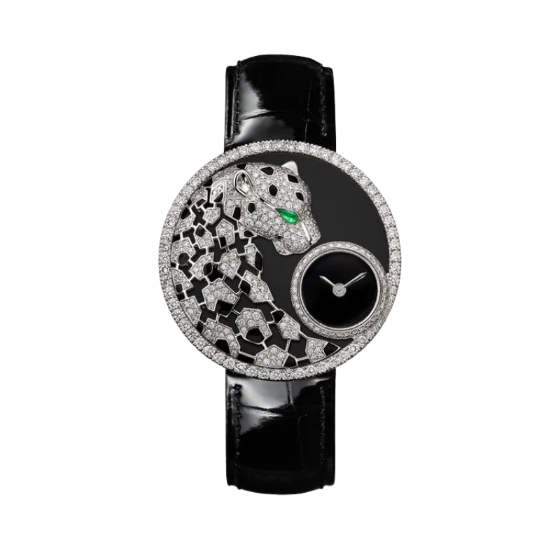 PANTHERE DENTELLE DE CARTIER 36 MM RHODIUMIZED WHITE GOLD CASE WITH BLACK LACQUER DIAL