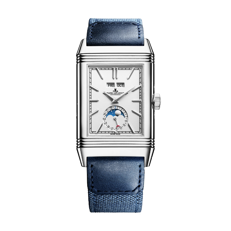 REVERSO TRIBUTE DUOFACE CALENDAR 49 MM STAINLESS STEEL WITH SILVER GREY AND BLUE DIAL