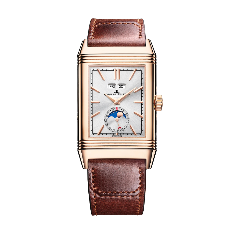 REVERSO TRIBUTE DUOFACE CALENDAR 49 MM 18K ROSE GOLD WITH SILVER GREY AND GRAY SUNRAY BRUSHED DIAL