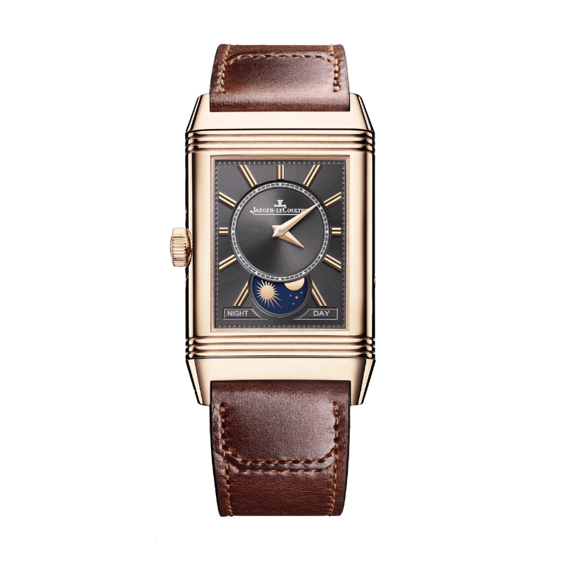 REVERSO TRIBUTE DUOFACE CALENDAR 49 MM 18K ROSE GOLD WITH SILVER GREY AND GRAY SUNRAY BRUSHED DIAL