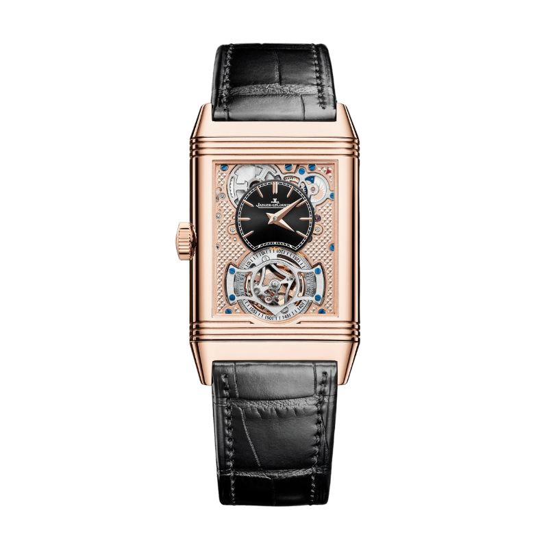 REVERSO TRIBUTE DUOFACE TOURBILLON 46 MM 18K ROSE GOLD WITH SILVER GREY SUNRAY BRUSHED AND BLACK SUNRAY BRUSHED DIAL
