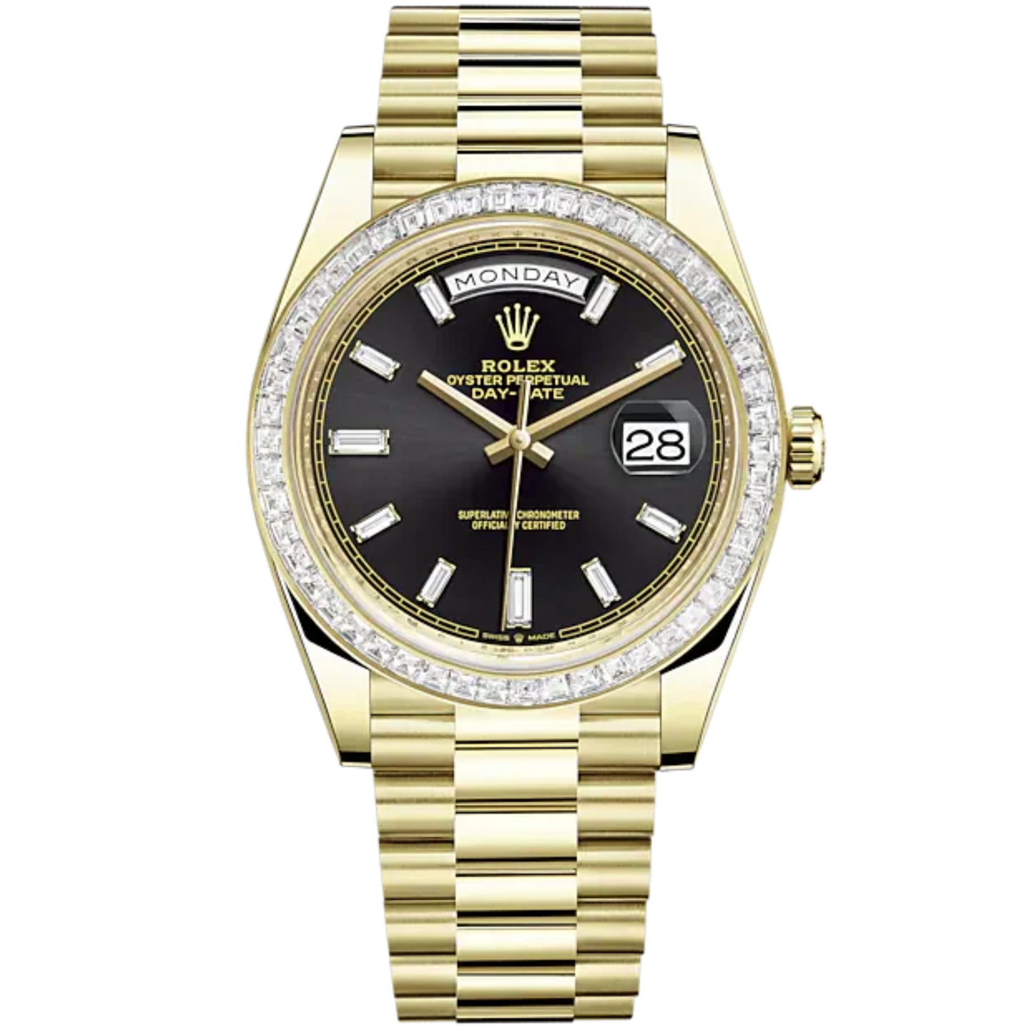 228398TBR Yellow Gold Onyx Dial Day Date Factory Set Bezel/Baguette Markers