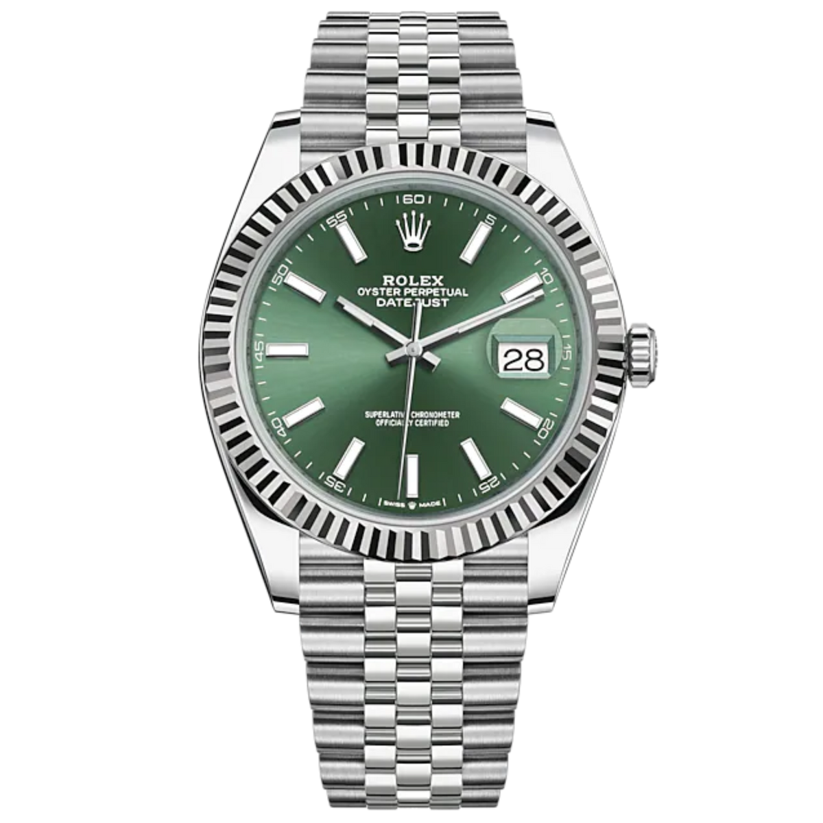 Rolex Datejust 126334 41mm Jubilee Bracelet Oyster Steel and White Gold Mint Green Dial Fluted Bezel