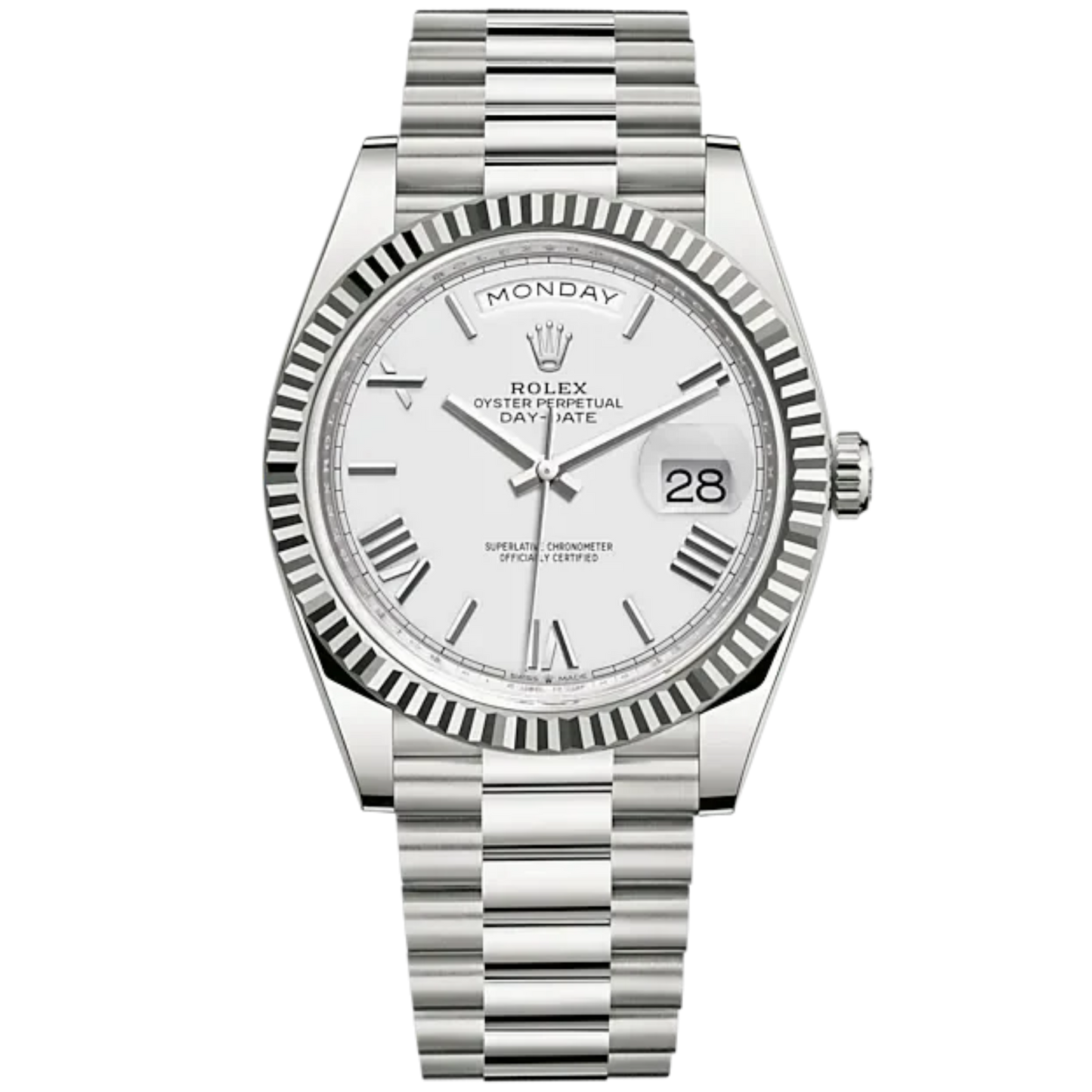 228239 White Gold Day Date White Roman Dial