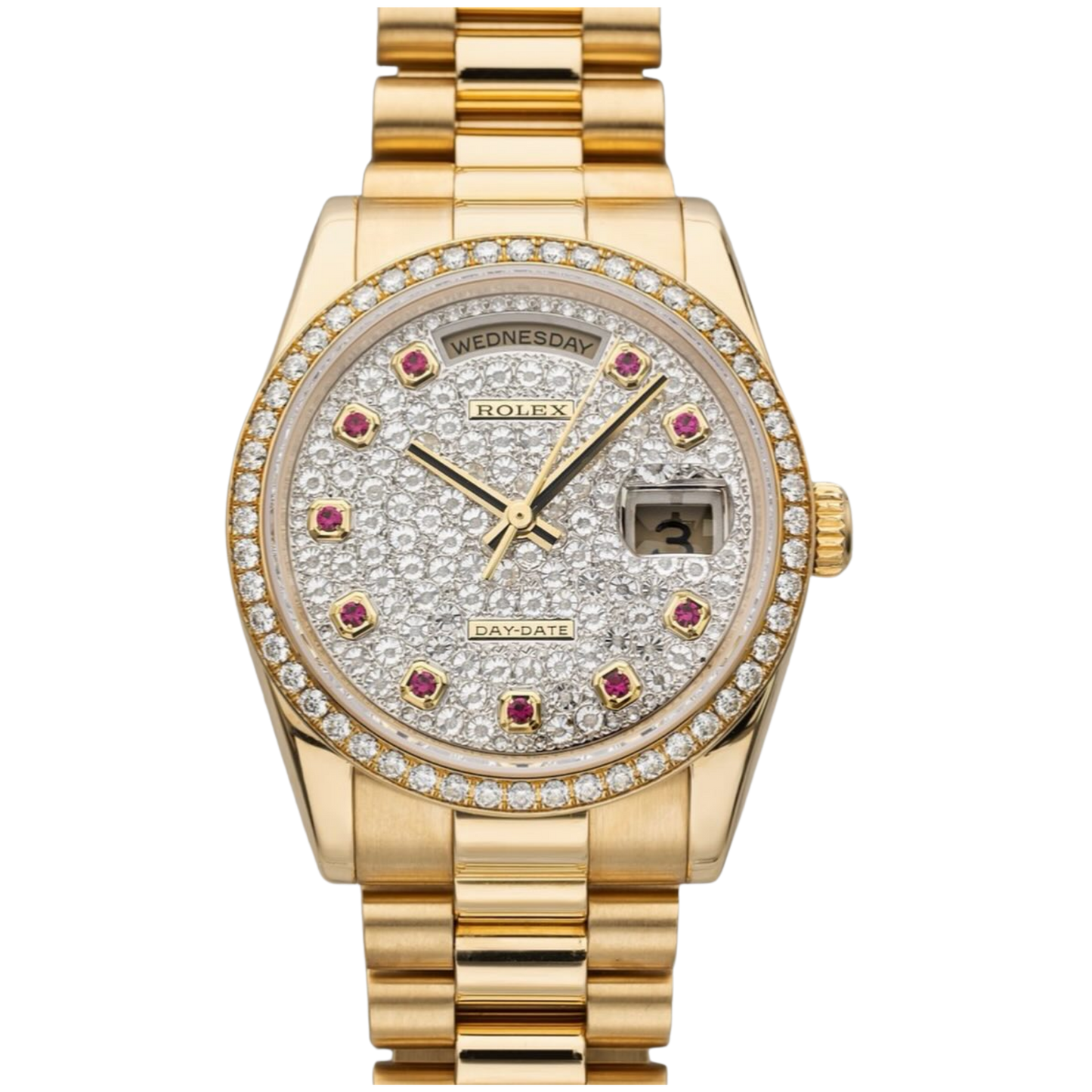Rolex Day Date Ref. 118348RBR Yellow Gold Pave Dial Ruby Markers