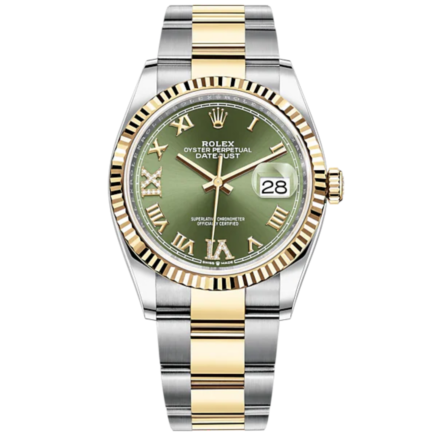 Datejust 36 36mm Oyster Bracelet Oystersteel and Yellow Gold with Olive-Green Diamond-Set Dial Fluted Bezel