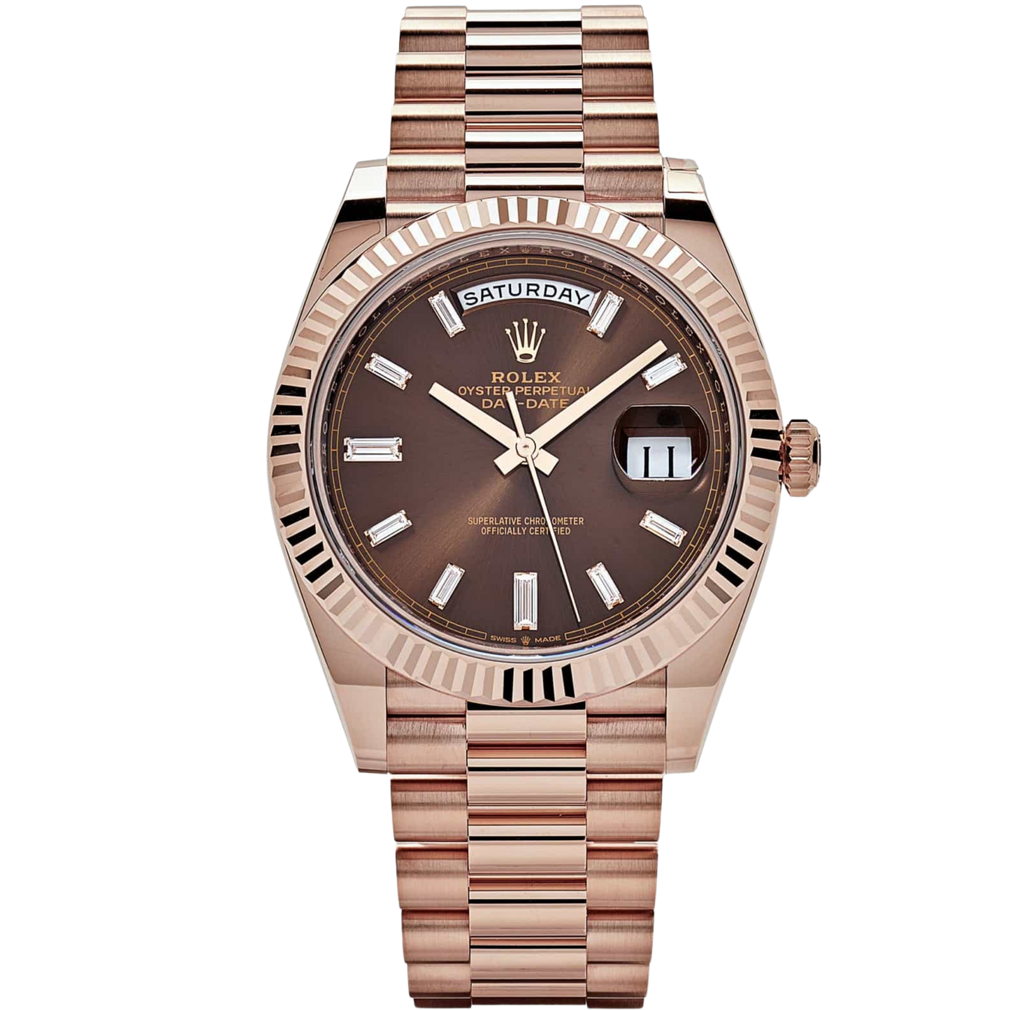 Rolex Day Date Ref. 28235A Rose Gold Chocolate Dial Baguette Markers