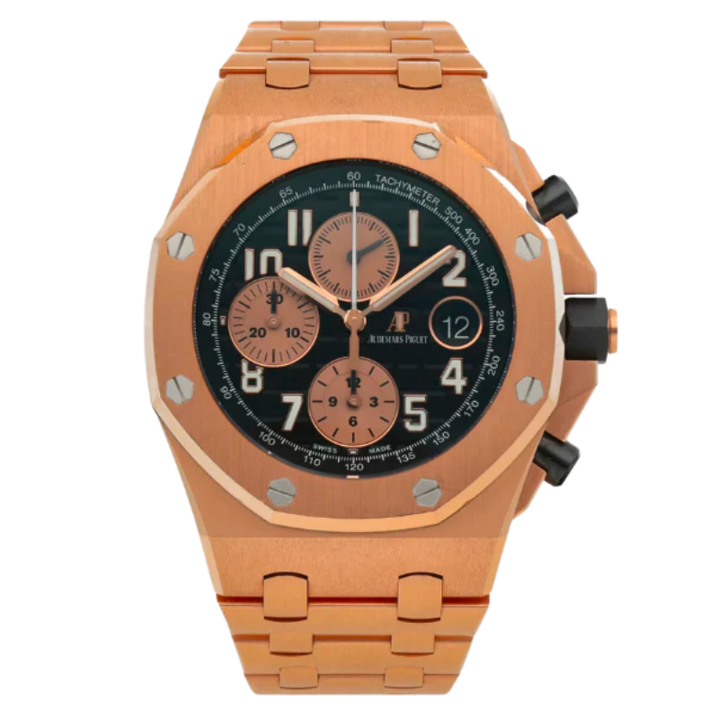 26470OR.OO.1000OR.03 42MM Rose Gold Royal Oak Offshore Black Dial FULL GOLD Bracelet