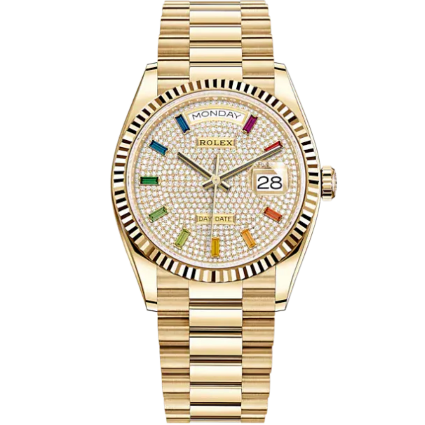128238 Yellow Gold Day-Date 36MM Rainbow Pave Diamond Dial