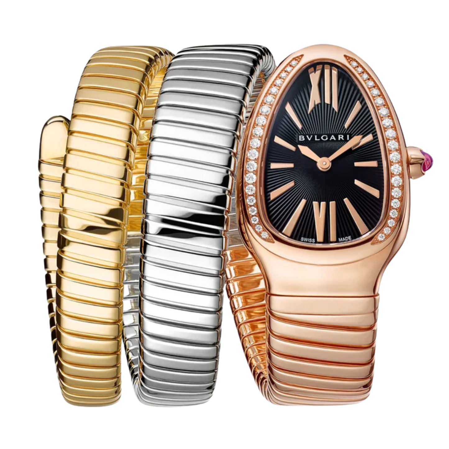 Bvlgari Ref. 102948 Tri Color Black Dial Triple Coil Serpenti with Diamond Bezel