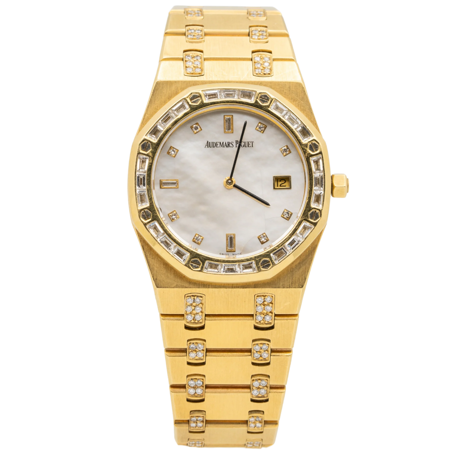 Audemars Piguet Royal Oak Ref. 56602BA.ZZ.0789BA.04 33MM Yellow Gold Ladies Factory Set Baguette Bezel and Bracelet with Mother of Pearl Dial
