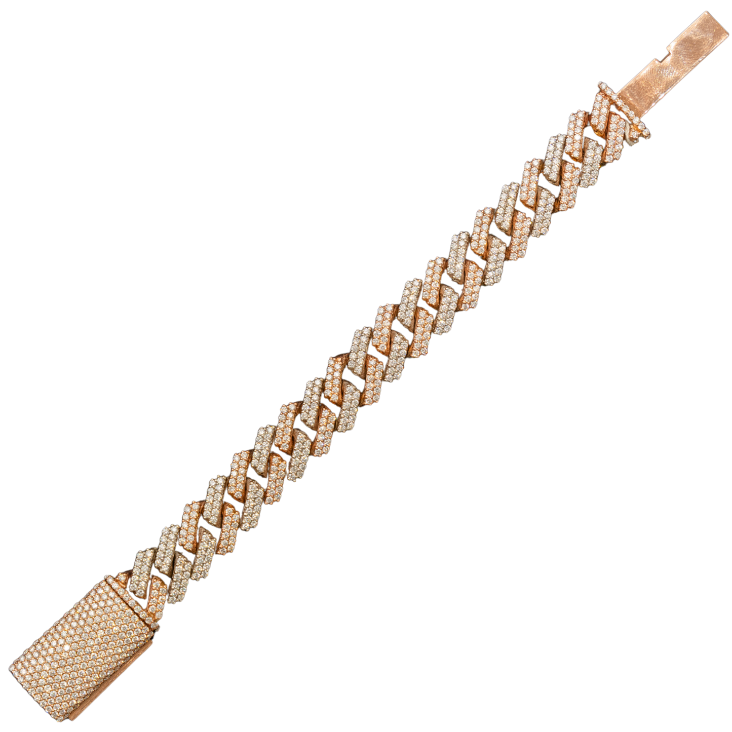 Cuban Two Tone (RG/WG) Iced out Bracelet (87.9 G) (16mm Wide) (7 inch) (10.7 CT) (657 Stones)