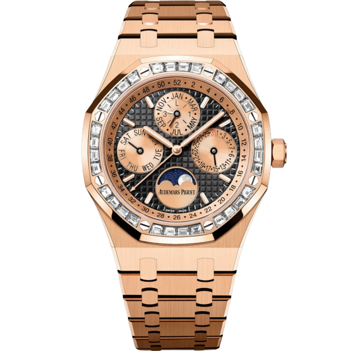 Audemars Piguet Ref. 26614OR.ZZ.1220OR.01 Rose Gold Perpetual Calendar with Black Dial / Rose Gold Subdials / Factory Baguette Bezel