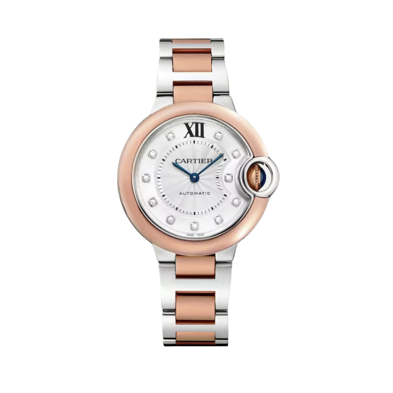 BALLON BLEU DE CARTIER 33 MM STAINLESS STEEL WITH ROSE GOLD BEZEL AND SILVER GUILLOCHE DIAL