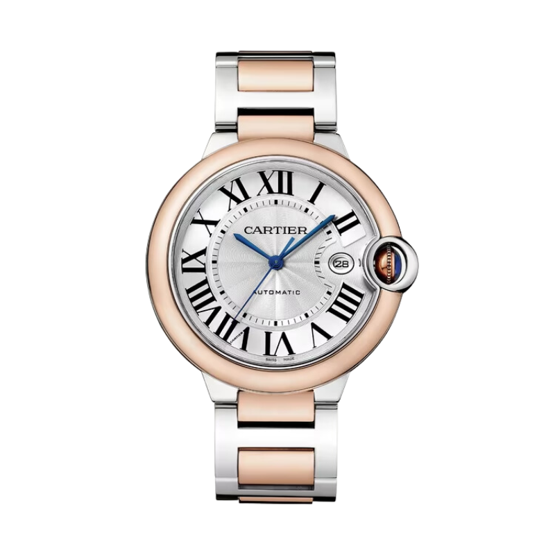 BALLON BLEU DE CARTIER 42 MM STAINLESS STEEL, 18K ROSE GOLD BEZEL WITH SILVER GUILLOCHE DIAL