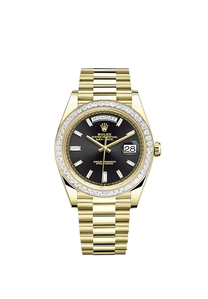 ONYX. Rolex Day Date Yellow Gold Onyx Dial Day Date Factory Set  Bezel/Baguette Markers REF: #228398TBR