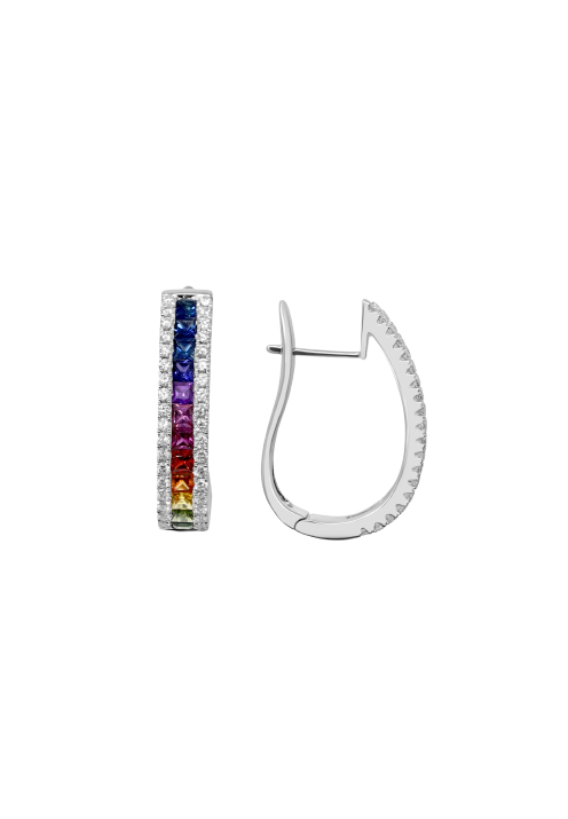 Ladies Diamond Earrings with Rainbow Multi-Colored Sapphires 2.50 Carats