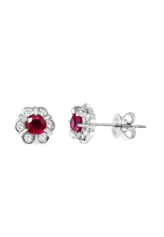 Ladies Diamond Flower Earrings with Rubies 0.56 Carats