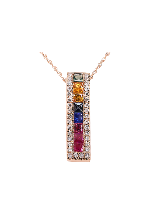 Ladies Diamond Necklace with Rainbow Multi-Colored Sapphires 0.85 Carats