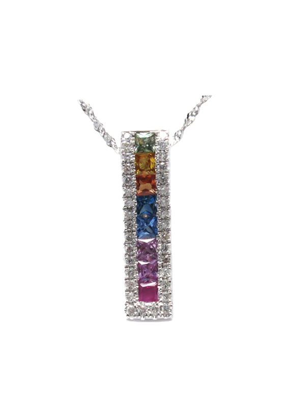 Ladies Diamond Necklace with Rainbow Multi-Colored Sapphires 0.85 Carats