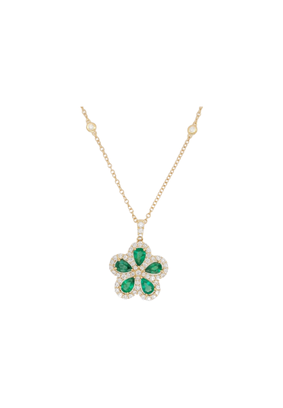Ladies Diamond and Emerald Flower Pendant1.83 Carats