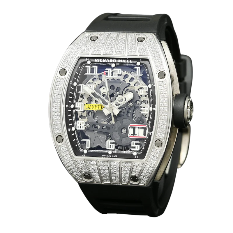 RM 029 White Gold Full Pave Diamond Rubber Strap Skeleton Dial