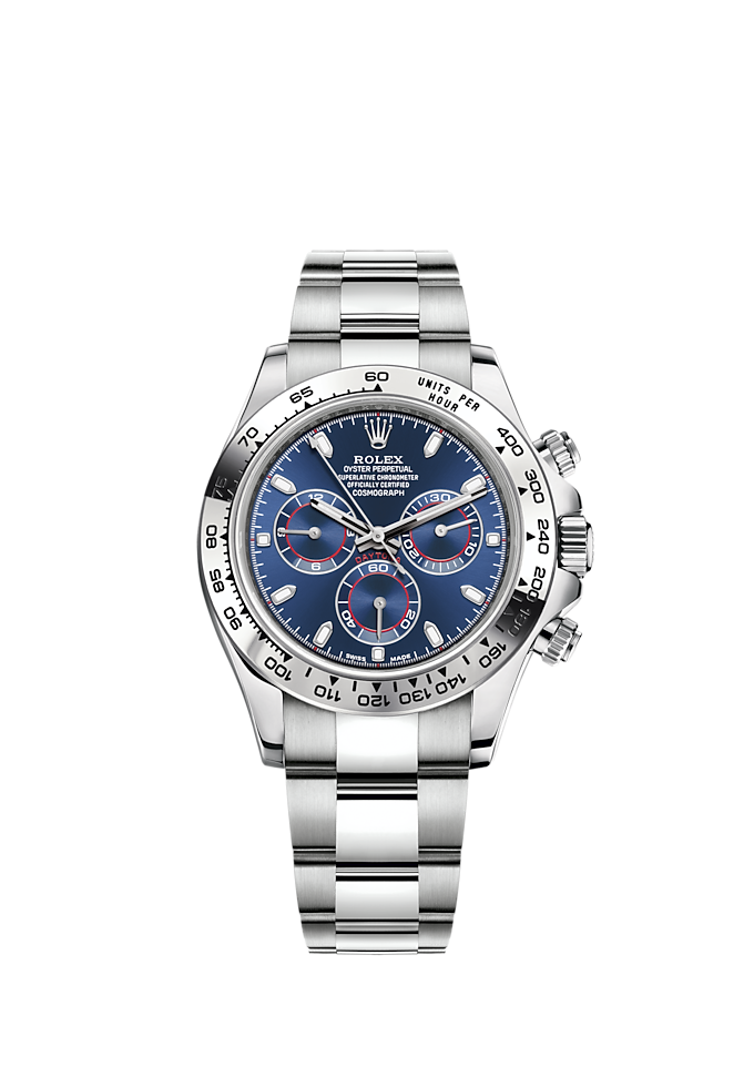 Cosmograph Daytona 40MM Oyster Bracelet Bright Blue Dial 18 CT White Gold Bezel