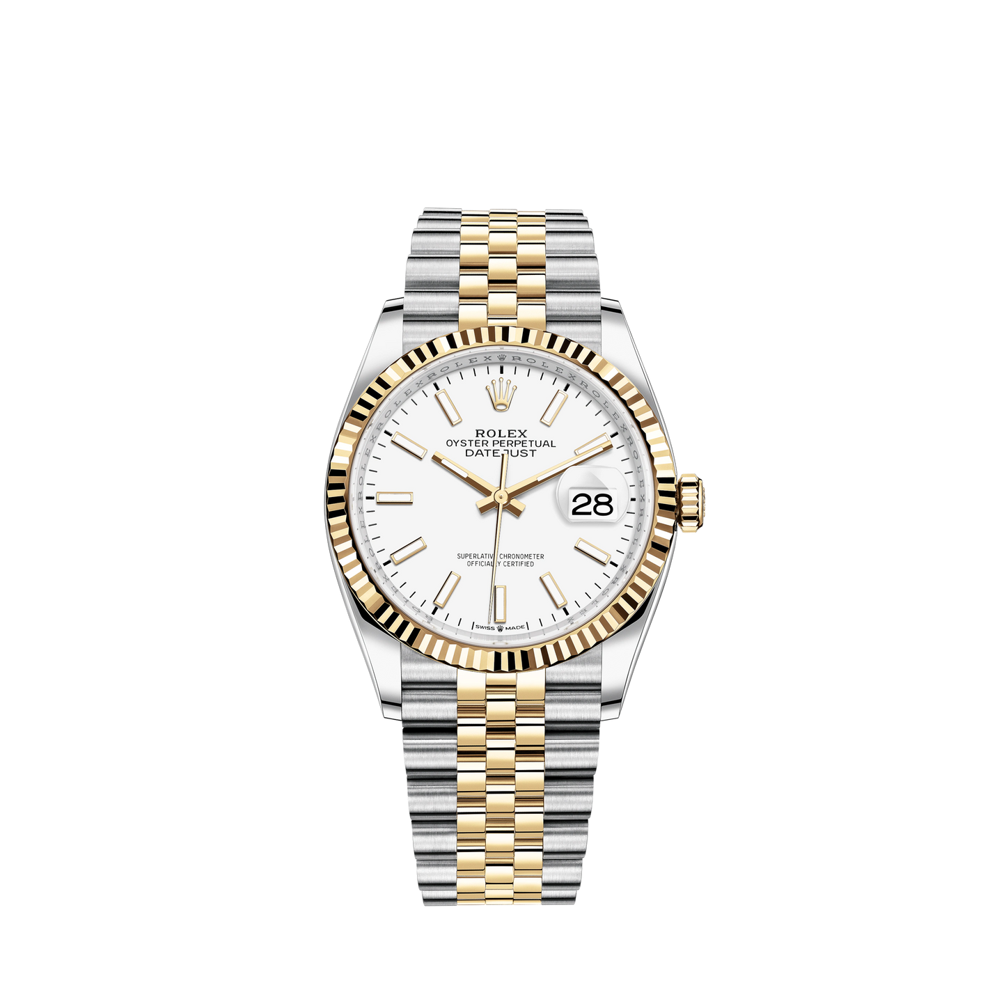 Datejust 36 36mm Oystersteel Jubilee Bracelet and Yellow Gold with White Dial Fluted Motif Fluted Bezel