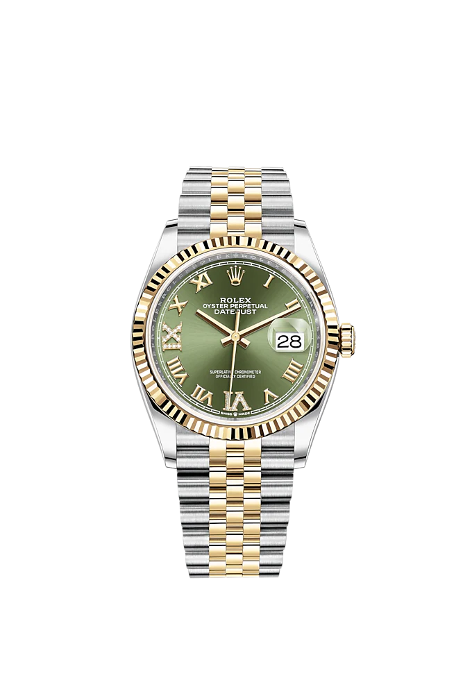 Datejust 36 36mm Oystersteel Jubilee Bracelet and Yellow Gold with Olive-Green Diamond-Set Dial Fluted Bezel