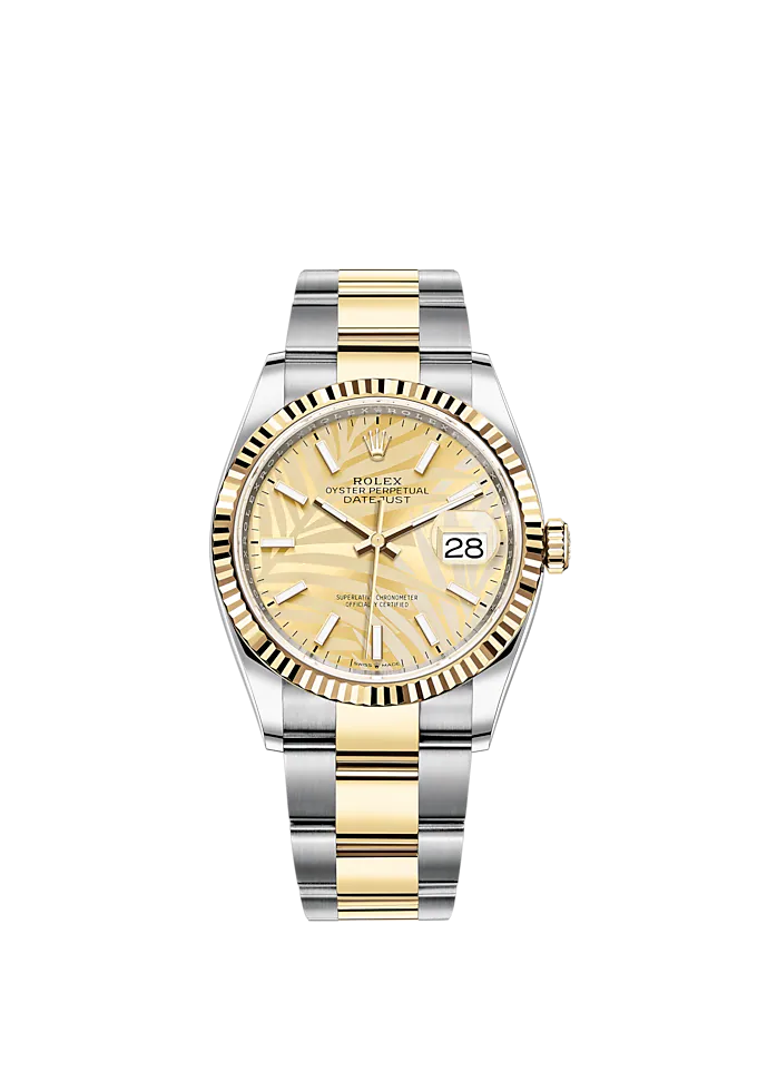 Datejust 36 36mm Oystersteel and Yellow Gold Oyster Bracelet Golden Palm-Motif Dial Fluted Bezel